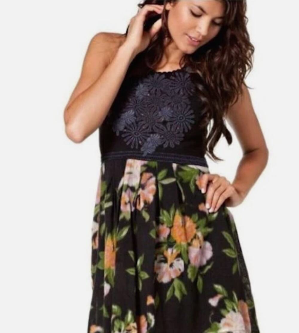 Free People Womens S Black Multi Floral Patchwork Lace Beaded Mini Dress Boho